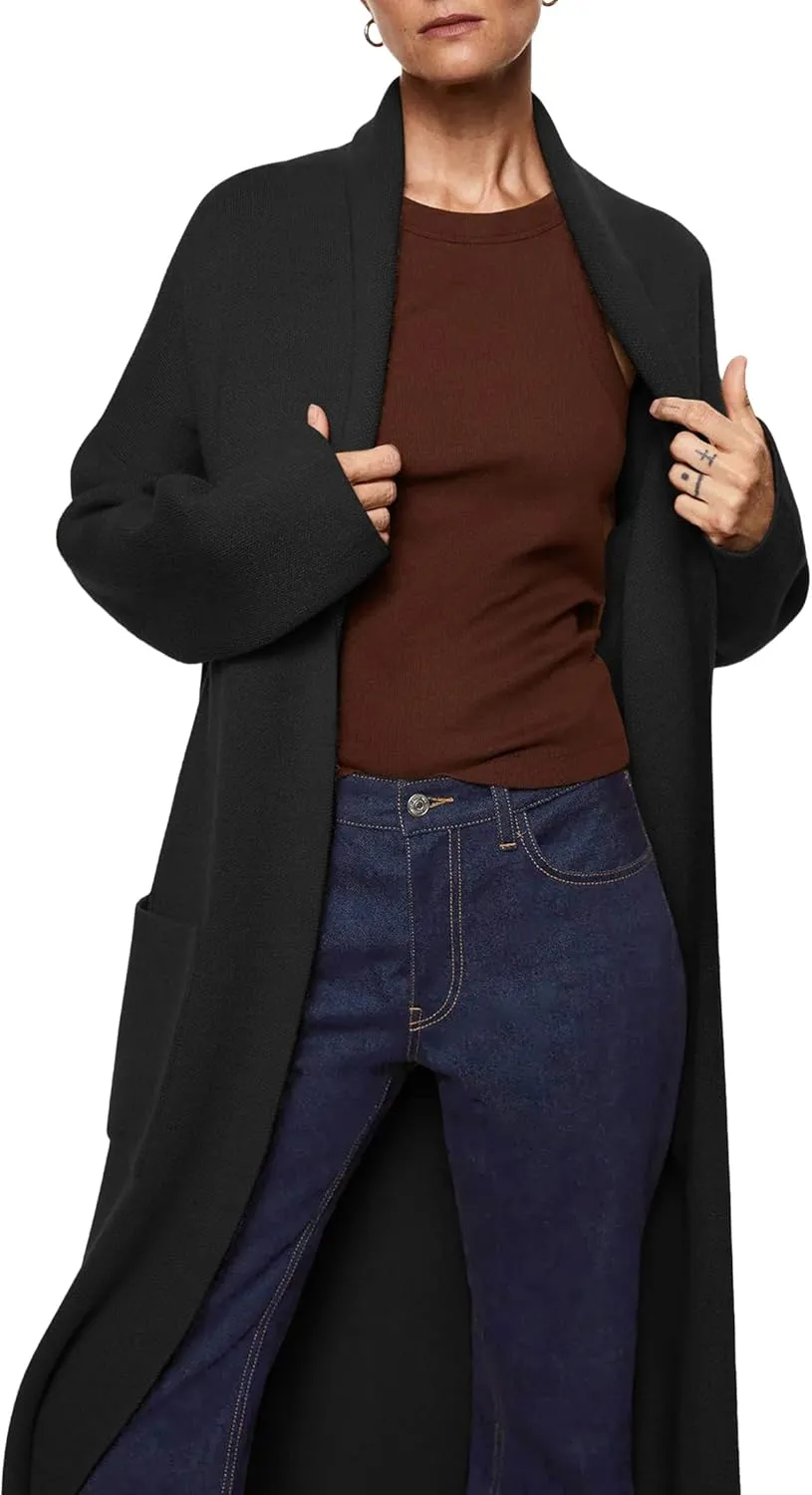 Womens Long Sleeve Maxi Cardigan Open Front Oversized Knitted Sweater Coat Casual Lapel Warm Overcoat with Pockets