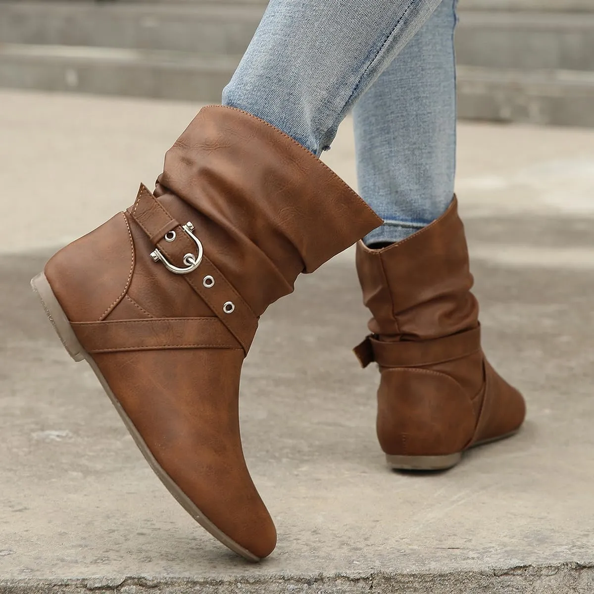 Women’s Low Heel Fall Ankle Boots - Comfortable Flat Booties with Locking Strap, Short Casual Style