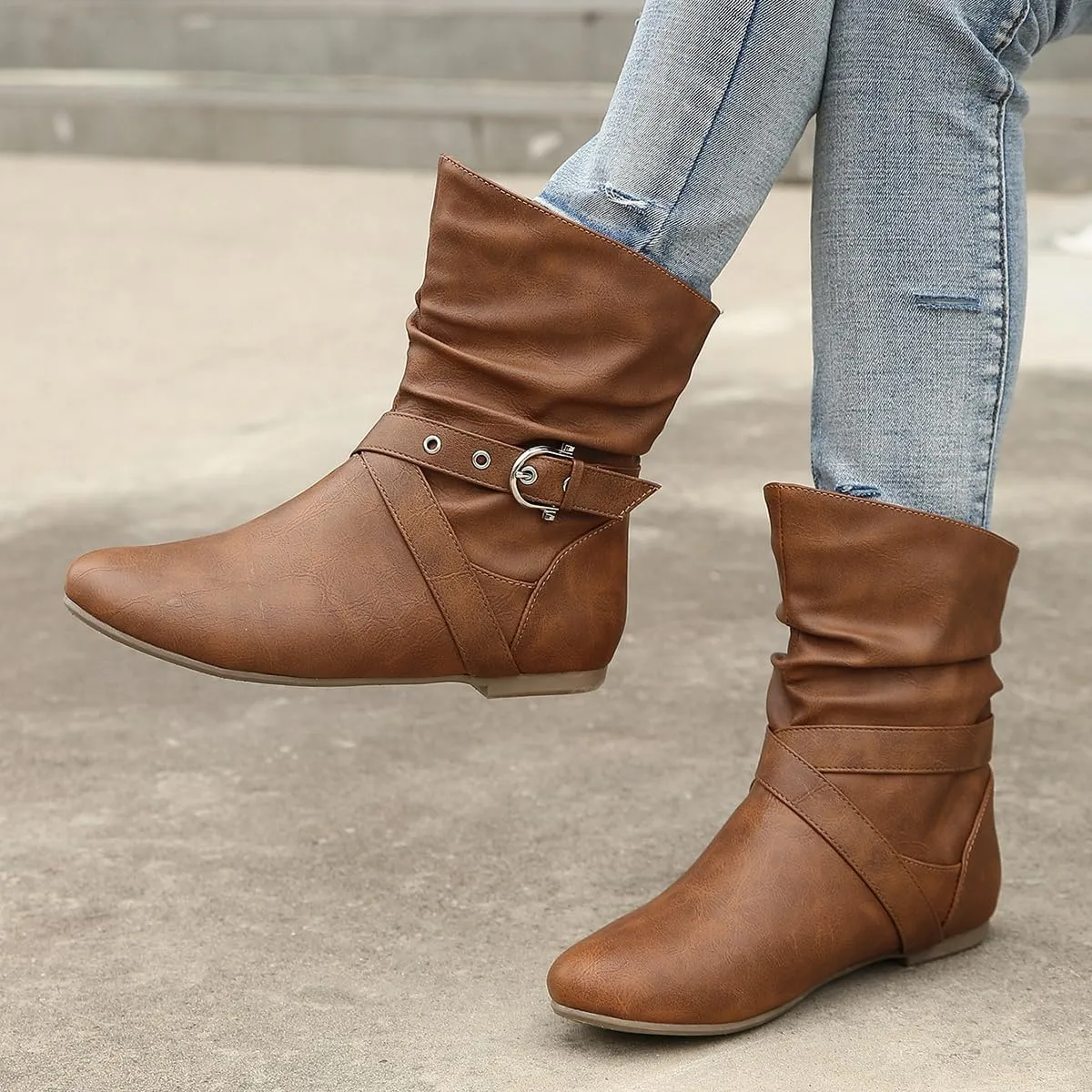 Women’s Low Heel Fall Ankle Boots - Comfortable Flat Booties with Locking Strap, Short Casual Style