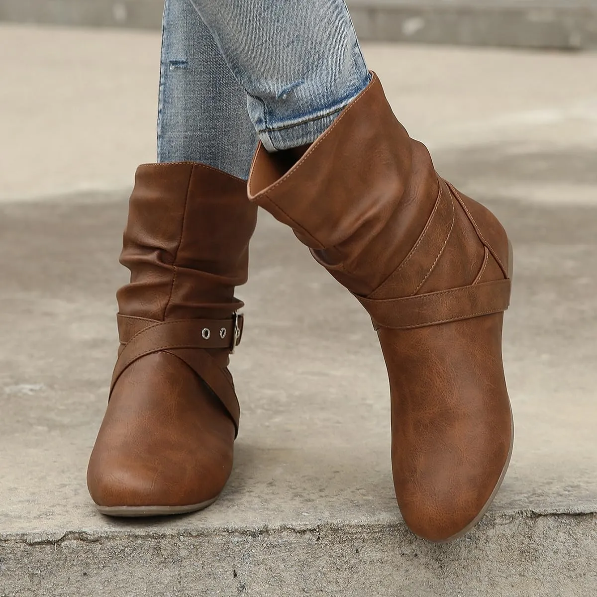 Women’s Low Heel Fall Ankle Boots - Comfortable Flat Booties with Locking Strap, Short Casual Style