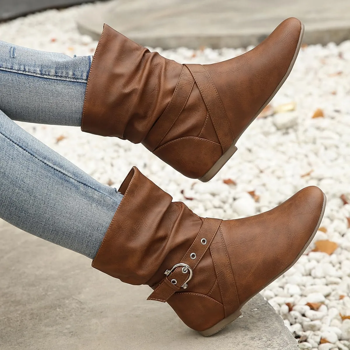 Women’s Low Heel Fall Ankle Boots - Comfortable Flat Booties with Locking Strap, Short Casual Style