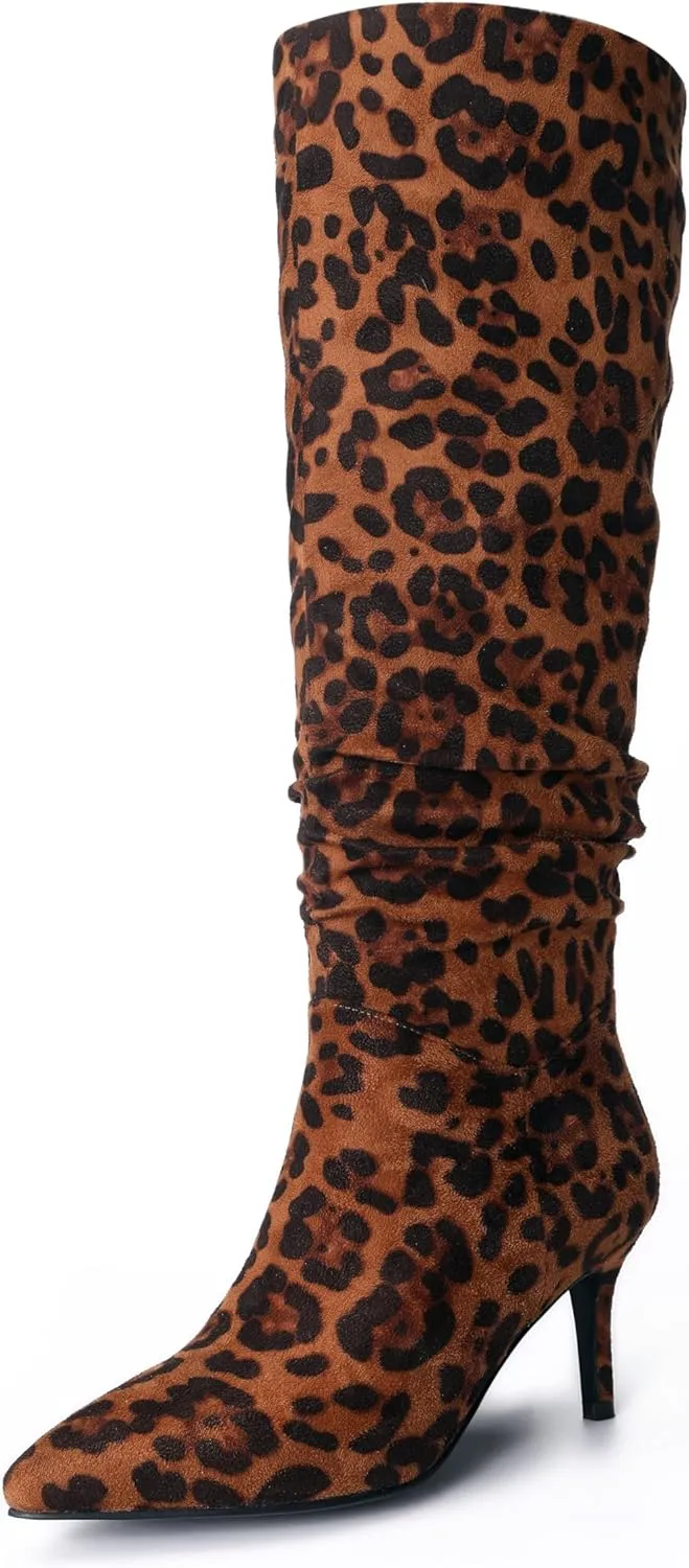 Women's Mid-High Stiletto 3ins Heel Pointed Toe Footwears Side Zipper Pleated Wrinkled Shaft Shoes Soft Comfortable Leopard Suede Leather Sexy Long Thigh High Boots and Fashion Tall Knee High Booties