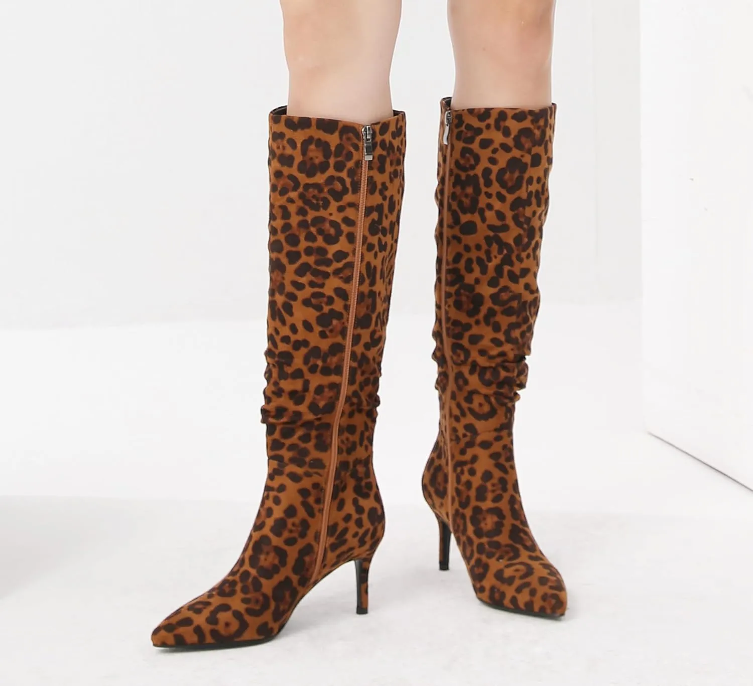 Women's Mid-High Stiletto 3ins Heel Pointed Toe Footwears Side Zipper Pleated Wrinkled Shaft Shoes Soft Comfortable Leopard Suede Leather Sexy Long Thigh High Boots and Fashion Tall Knee High Booties