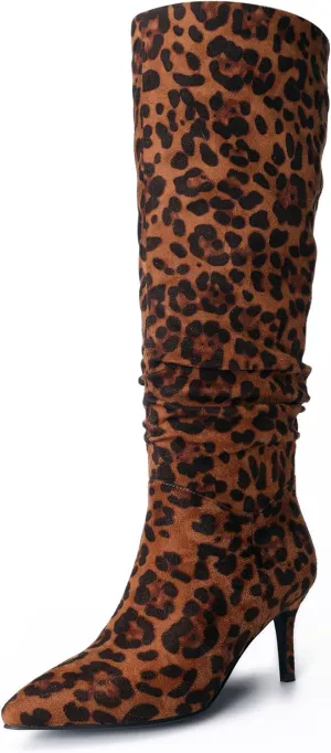 Women's Mid-High Stiletto 3ins Heel Pointed Toe Footwears Side Zipper Pleated Wrinkled Shaft Shoes Soft Comfortable Leopard Suede Leather Sexy Long Thigh High Boots and Fashion Tall Knee High Booties