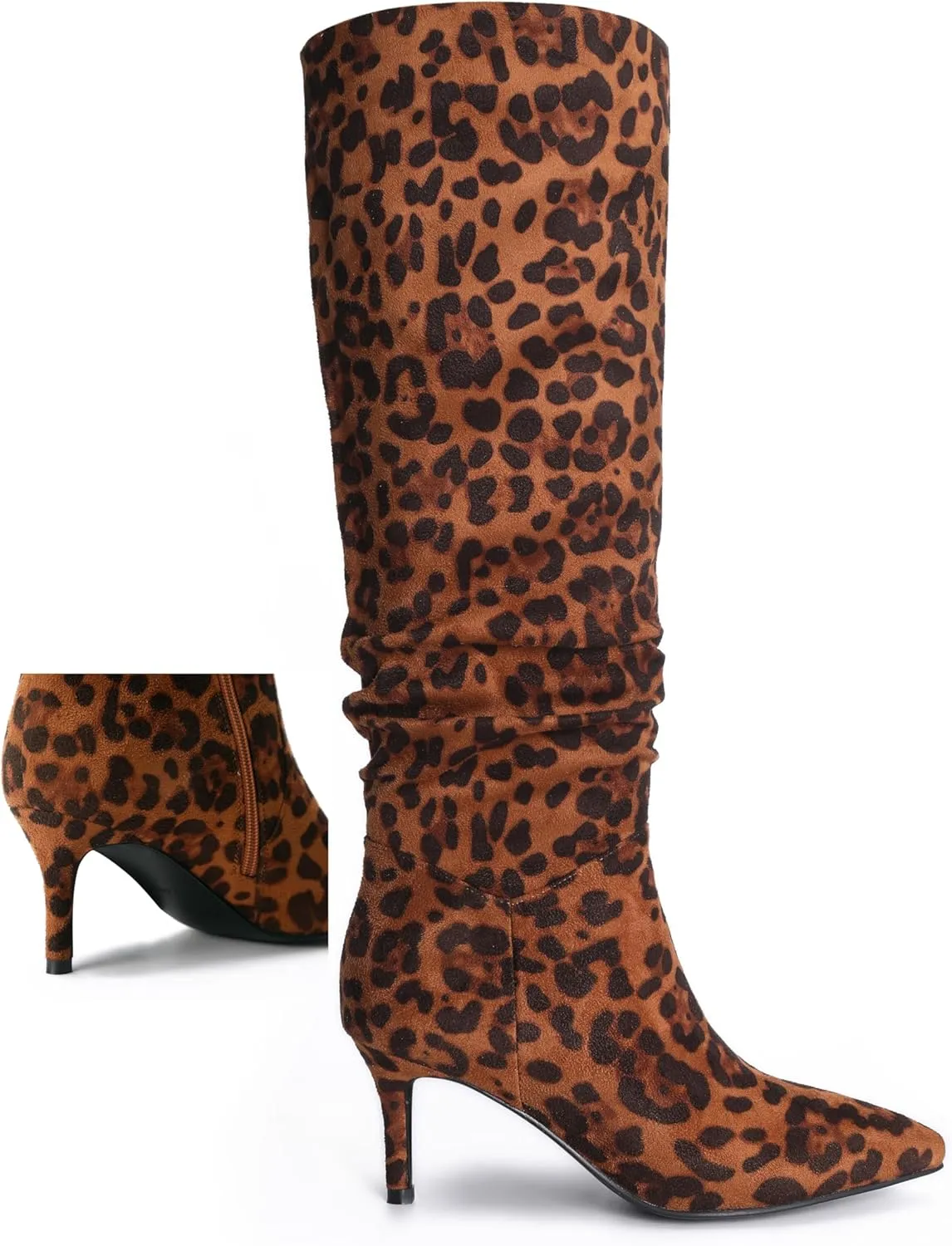 Women's Mid-High Stiletto 3ins Heel Pointed Toe Footwears Side Zipper Pleated Wrinkled Shaft Shoes Soft Comfortable Leopard Suede Leather Sexy Long Thigh High Boots and Fashion Tall Knee High Booties