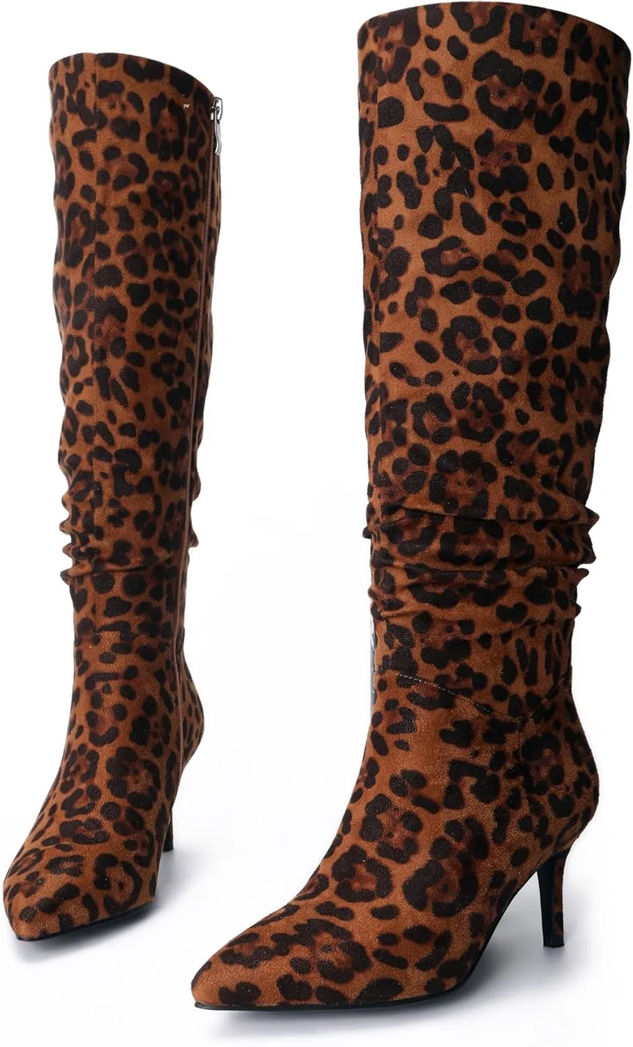 Women's Mid-High Stiletto 3ins Heel Pointed Toe Footwears Side Zipper Pleated Wrinkled Shaft Shoes Soft Comfortable Leopard Suede Leather Sexy Long Thigh High Boots and Fashion Tall Knee High Booties