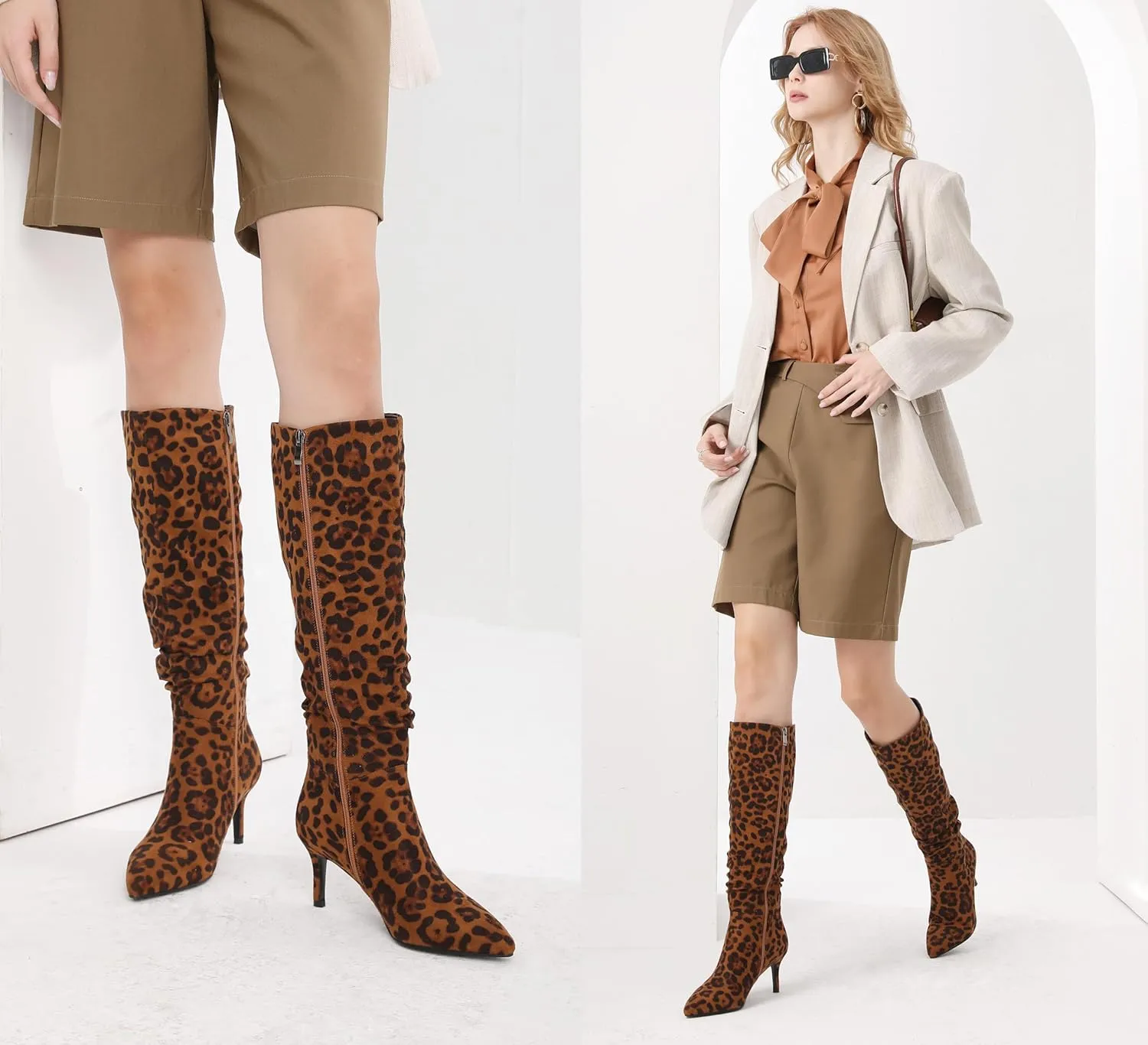 Women's Mid-High Stiletto 3ins Heel Pointed Toe Footwears Side Zipper Pleated Wrinkled Shaft Shoes Soft Comfortable Leopard Suede Leather Sexy Long Thigh High Boots and Fashion Tall Knee High Booties