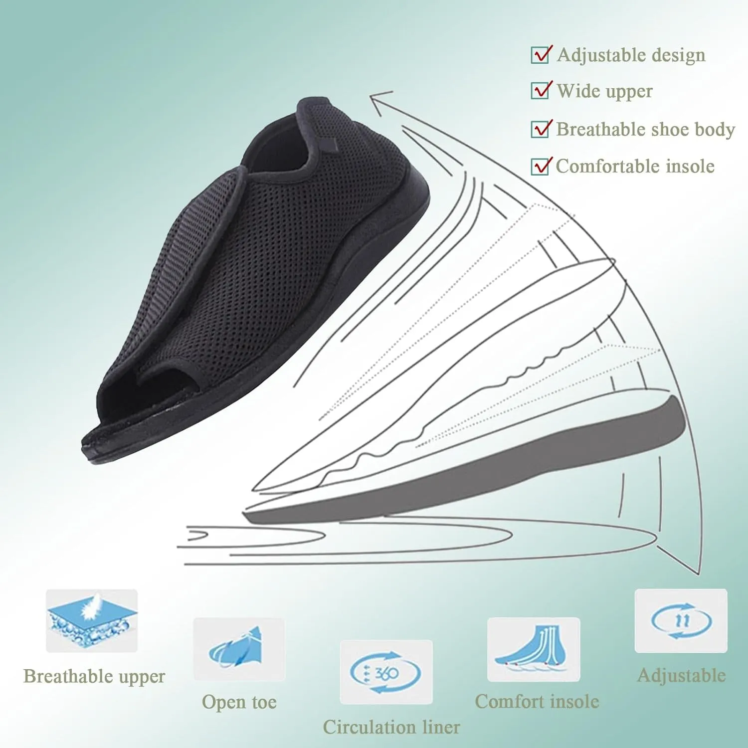 Women's Open Toe Diabetic Sandals, Adjustable Comfortable Lightweight Men Sandals, Sandals for Elderly Swollen Feet Indoor Outdoor