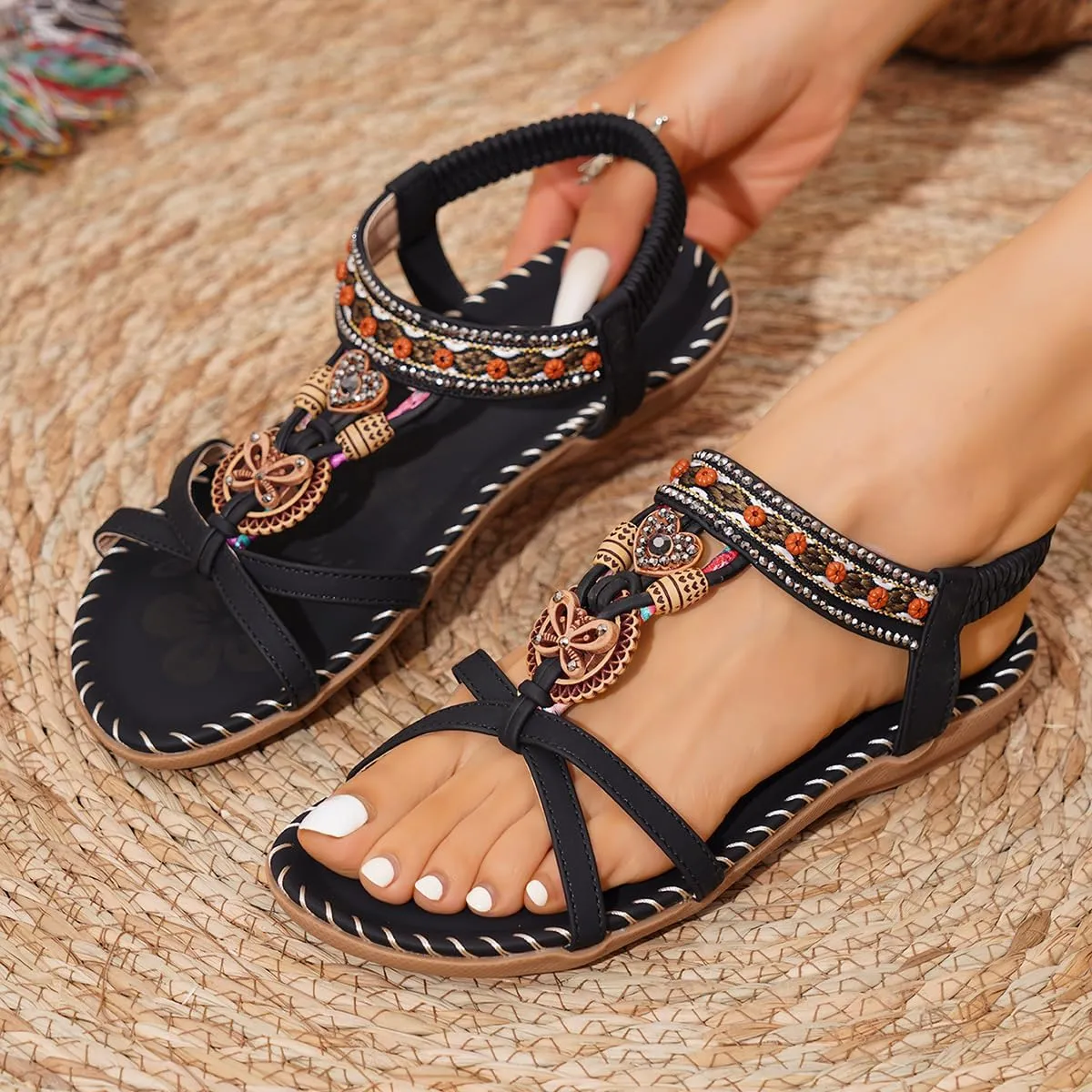Women's Open Toe Elastic Ankle Strap Flat Summer Sandals Dressy Comfortable Bohemian Beaded Jeweled Flats Slip On Slingback Strappy Walking Beach Gladiator Shoes