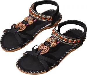 Women's Open Toe Elastic Ankle Strap Flat Summer Sandals Dressy Comfortable Bohemian Beaded Jeweled Flats Slip On Slingback Strappy Walking Beach Gladiator Shoes