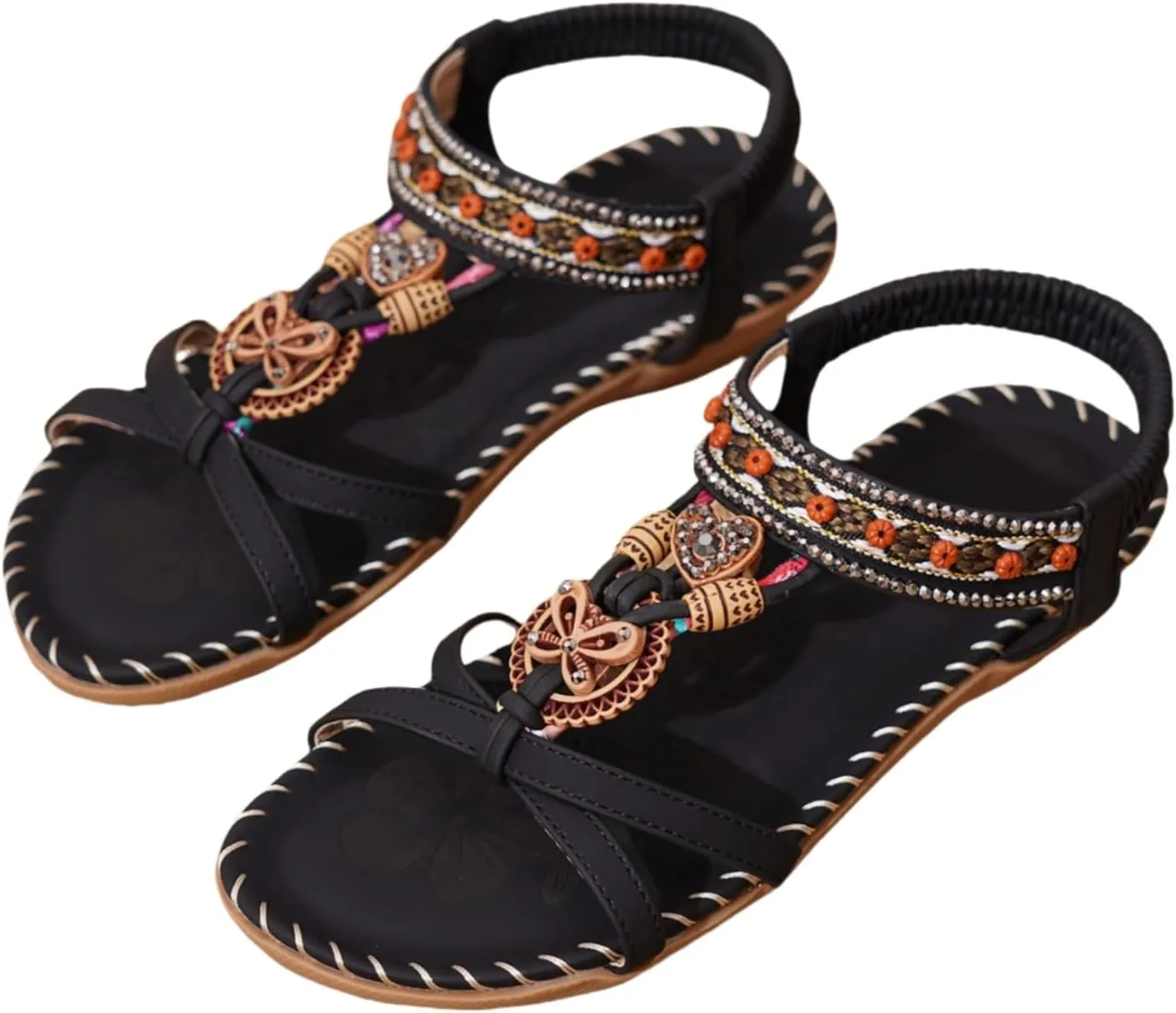 Women's Open Toe Elastic Ankle Strap Flat Summer Sandals Dressy Comfortable Bohemian Beaded Jeweled Flats Slip On Slingback Strappy Walking Beach Gladiator Shoes