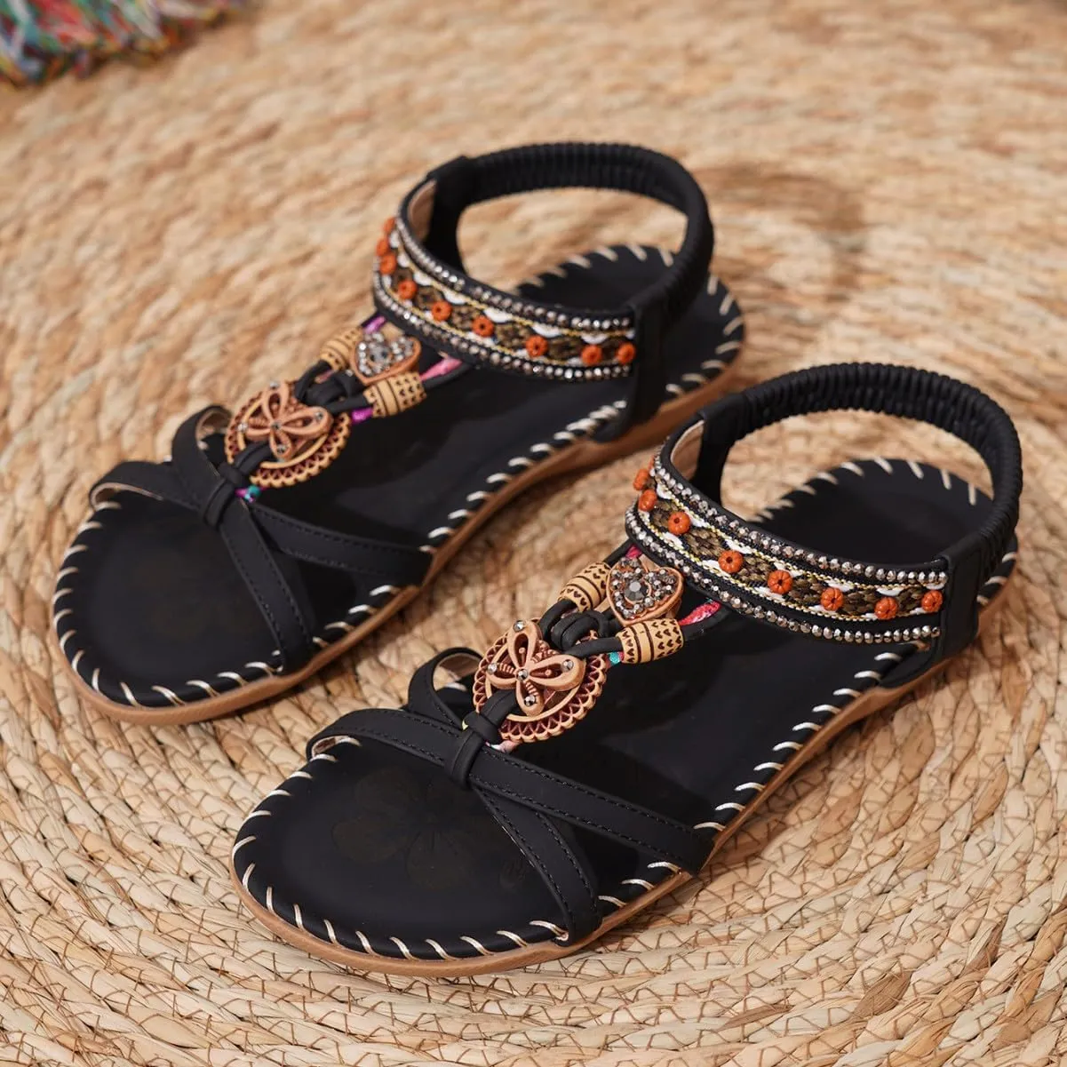 Women's Open Toe Elastic Ankle Strap Flat Summer Sandals Dressy Comfortable Bohemian Beaded Jeweled Flats Slip On Slingback Strappy Walking Beach Gladiator Shoes