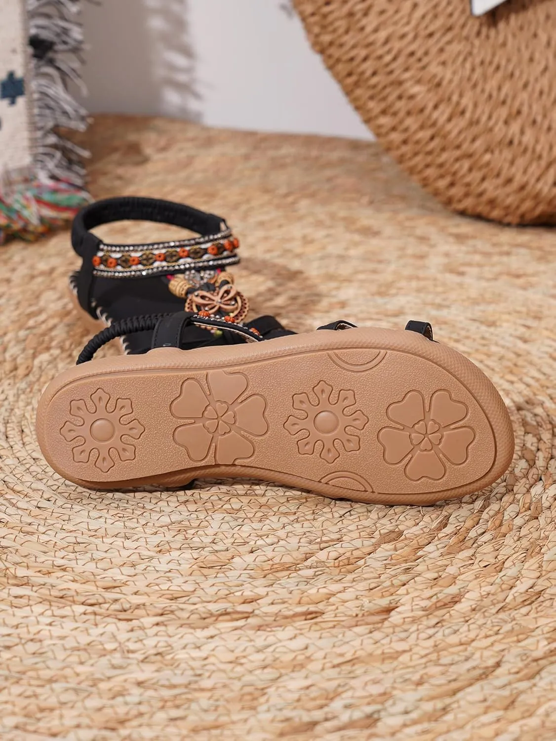 Women's Open Toe Elastic Ankle Strap Flat Summer Sandals Dressy Comfortable Bohemian Beaded Jeweled Flats Slip On Slingback Strappy Walking Beach Gladiator Shoes