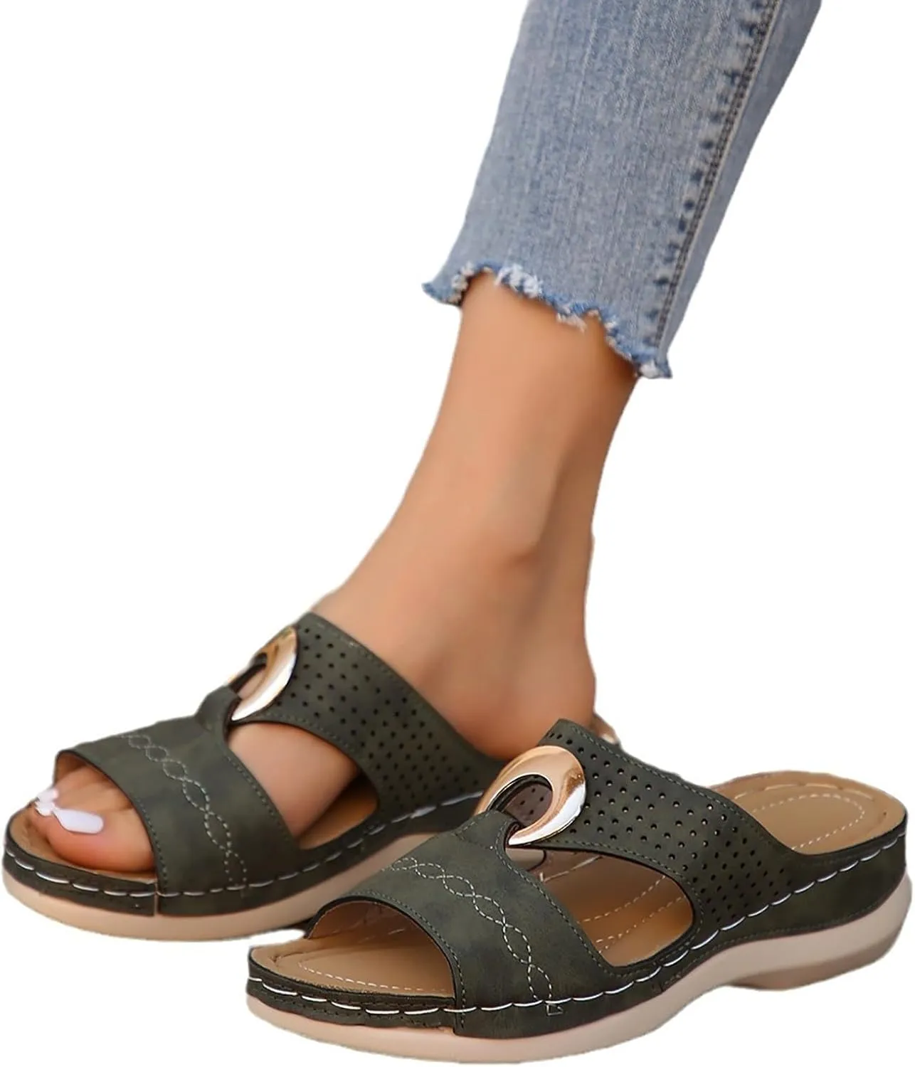 Women's Orthopedic Sandals Summer Slip On Wedge Sandals with Arch Support Open Toe Cutout Beach Shoes Leather Home Slippers