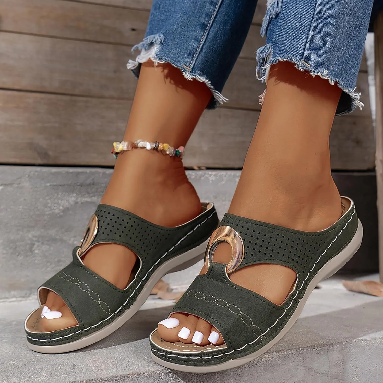 Women's Orthopedic Sandals Summer Slip On Wedge Sandals with Arch Support Open Toe Cutout Beach Shoes Leather Home Slippers