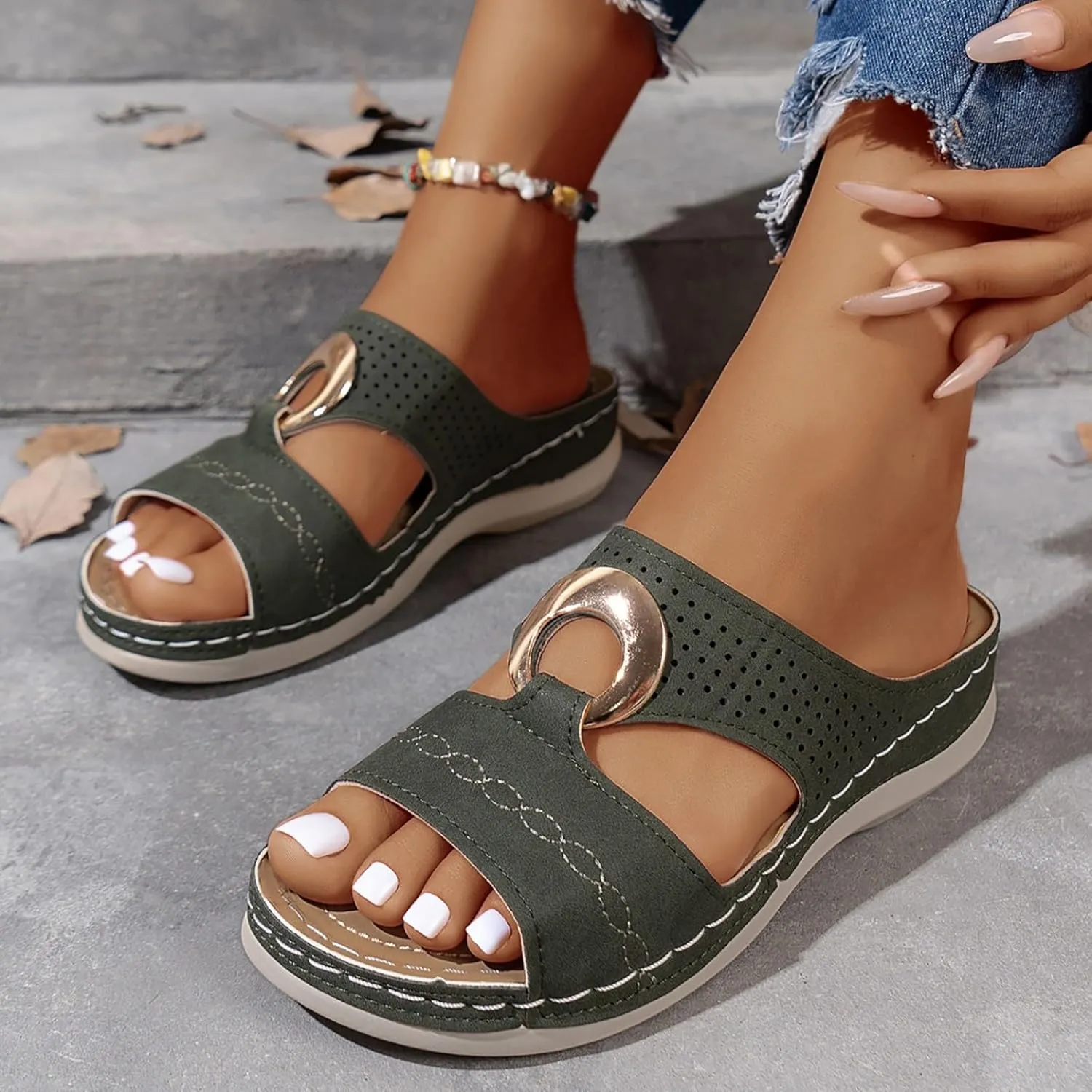 Women's Orthopedic Sandals Summer Slip On Wedge Sandals with Arch Support Open Toe Cutout Beach Shoes Leather Home Slippers
