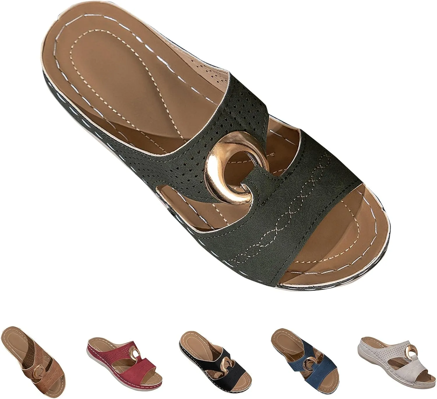 Women's Orthopedic Sandals Summer Slip On Wedge Sandals with Arch Support Open Toe Cutout Beach Shoes Leather Home Slippers