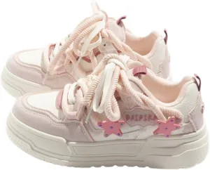 Women's Pink Star Pattern Platform Sneakers - Chucky Sole, Breathable Cute Sports Walking Shoes for Girls Student