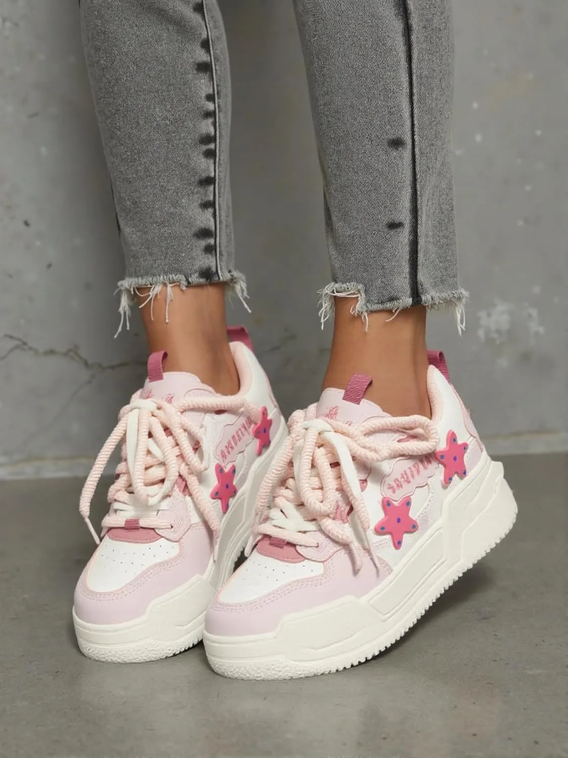 Women's Pink Star Pattern Platform Sneakers - Chucky Sole, Breathable Cute Sports Walking Shoes for Girls Student
