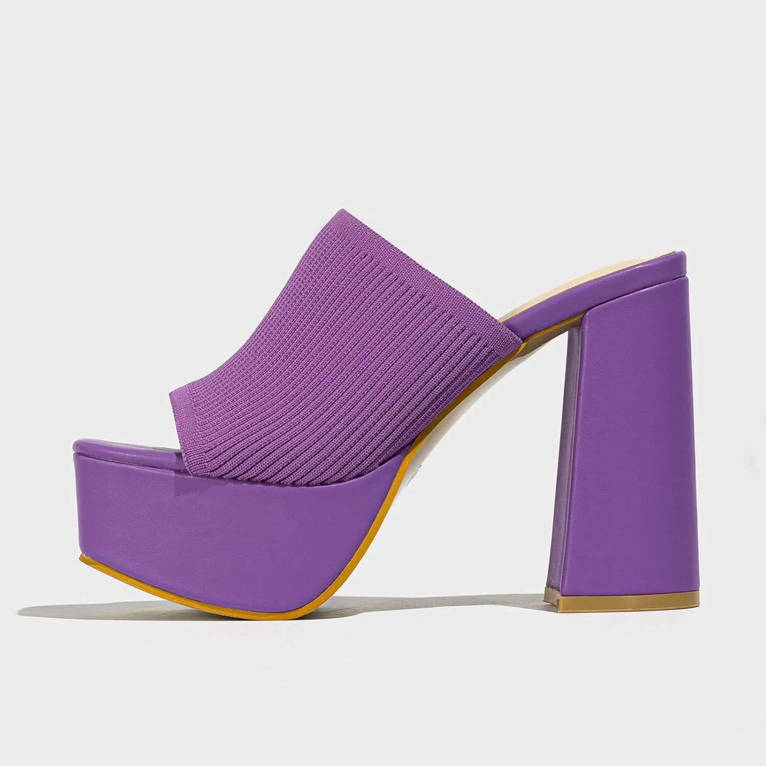 Women's Platform Chunky Heel Sandals Slip-On Square Open Toe High Heel Sandals Knitted Comfortable Dress Sandals