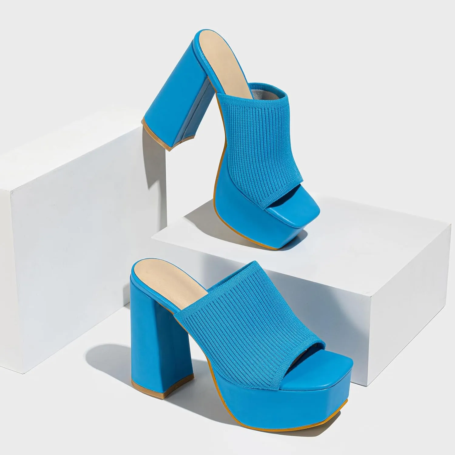 Women's Platform Chunky Heel Sandals Slip-On Square Open Toe High Heel Sandals Knitted Comfortable Dress Sandals