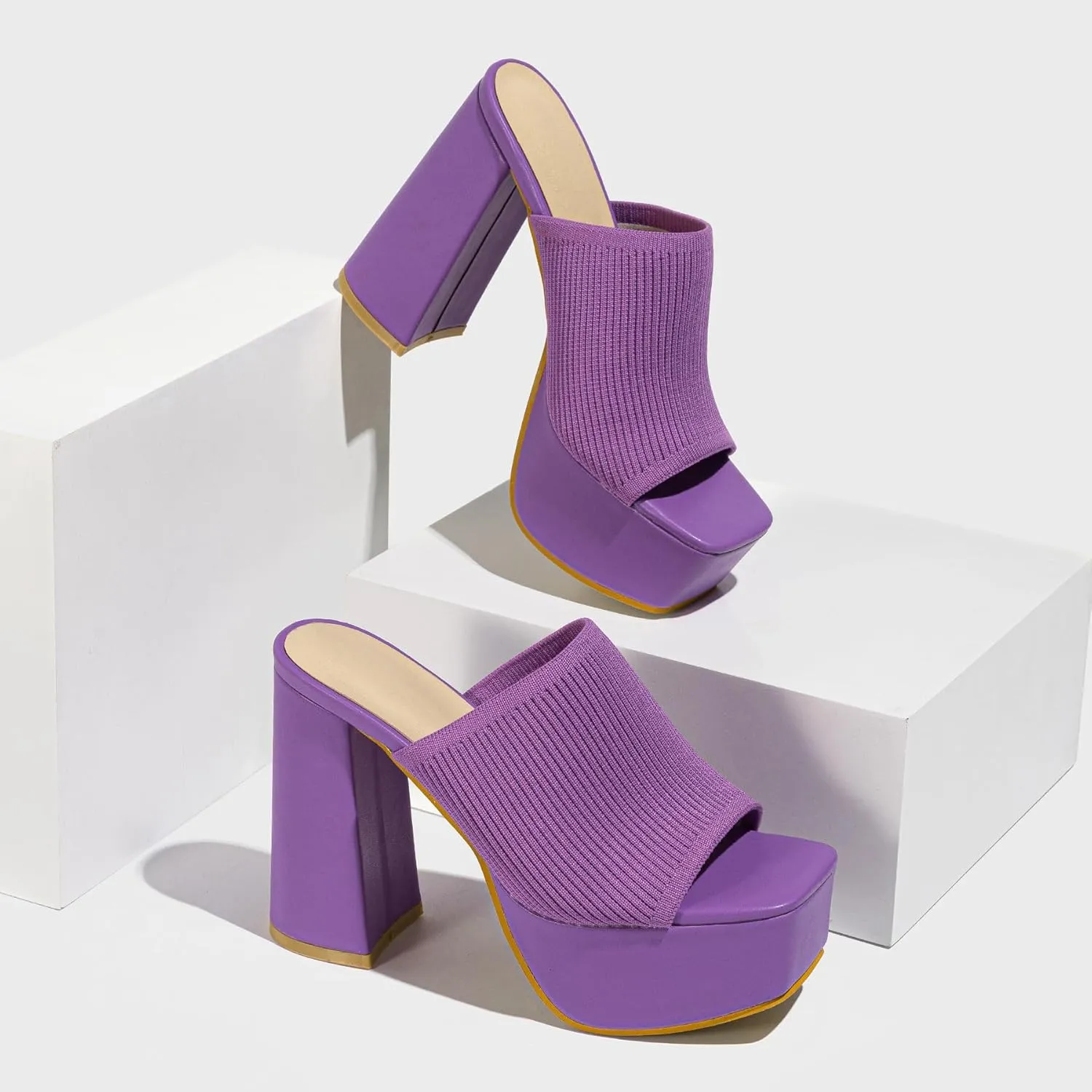 Women's Platform Chunky Heel Sandals Slip-On Square Open Toe High Heel Sandals Knitted Comfortable Dress Sandals