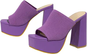 Women's Platform Chunky Heel Sandals Slip-On Square Open Toe High Heel Sandals Knitted Comfortable Dress Sandals