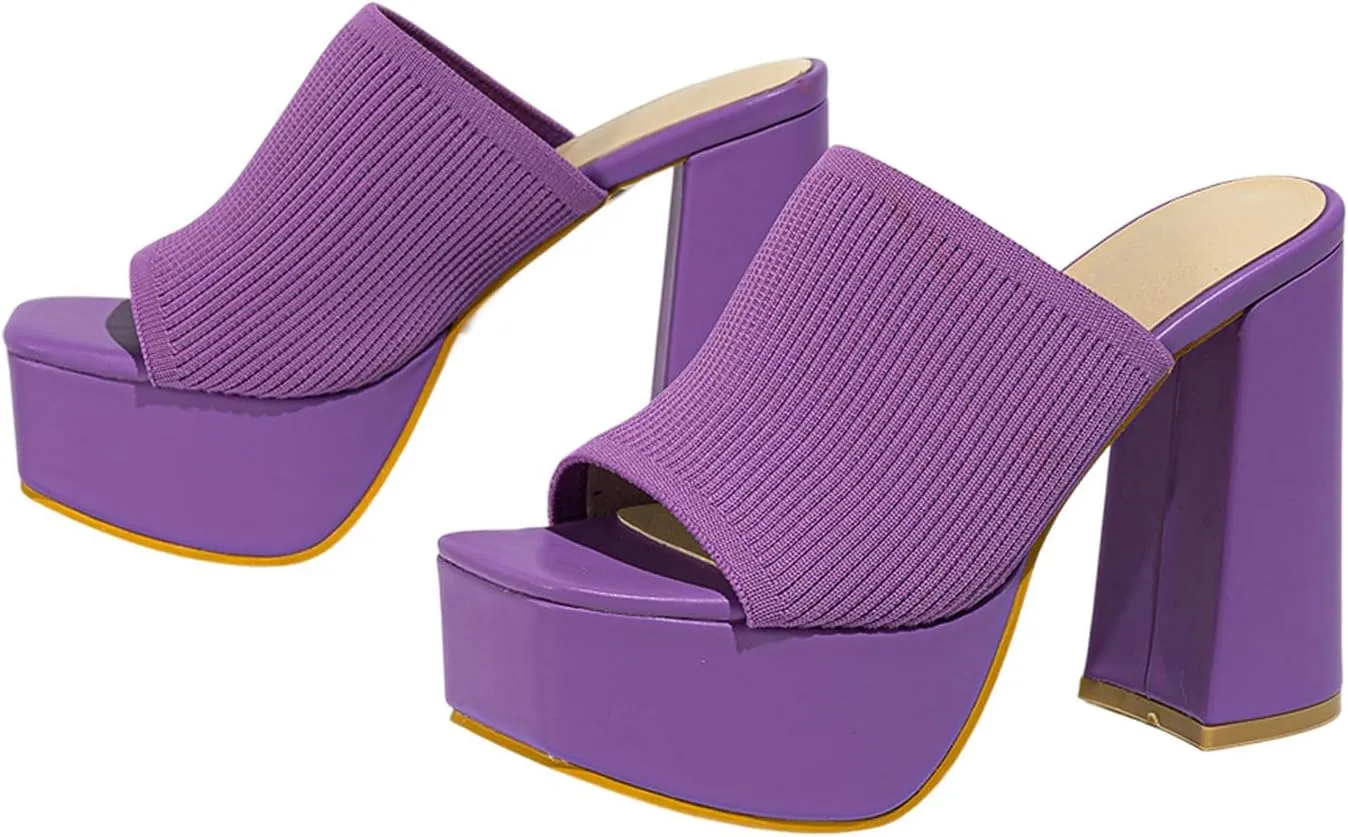 Women's Platform Chunky Heel Sandals Slip-On Square Open Toe High Heel Sandals Knitted Comfortable Dress Sandals