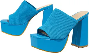 Women's Platform Chunky Heel Sandals Slip-On Square Open Toe High Heel Sandals Knitted Comfortable Dress Sandals