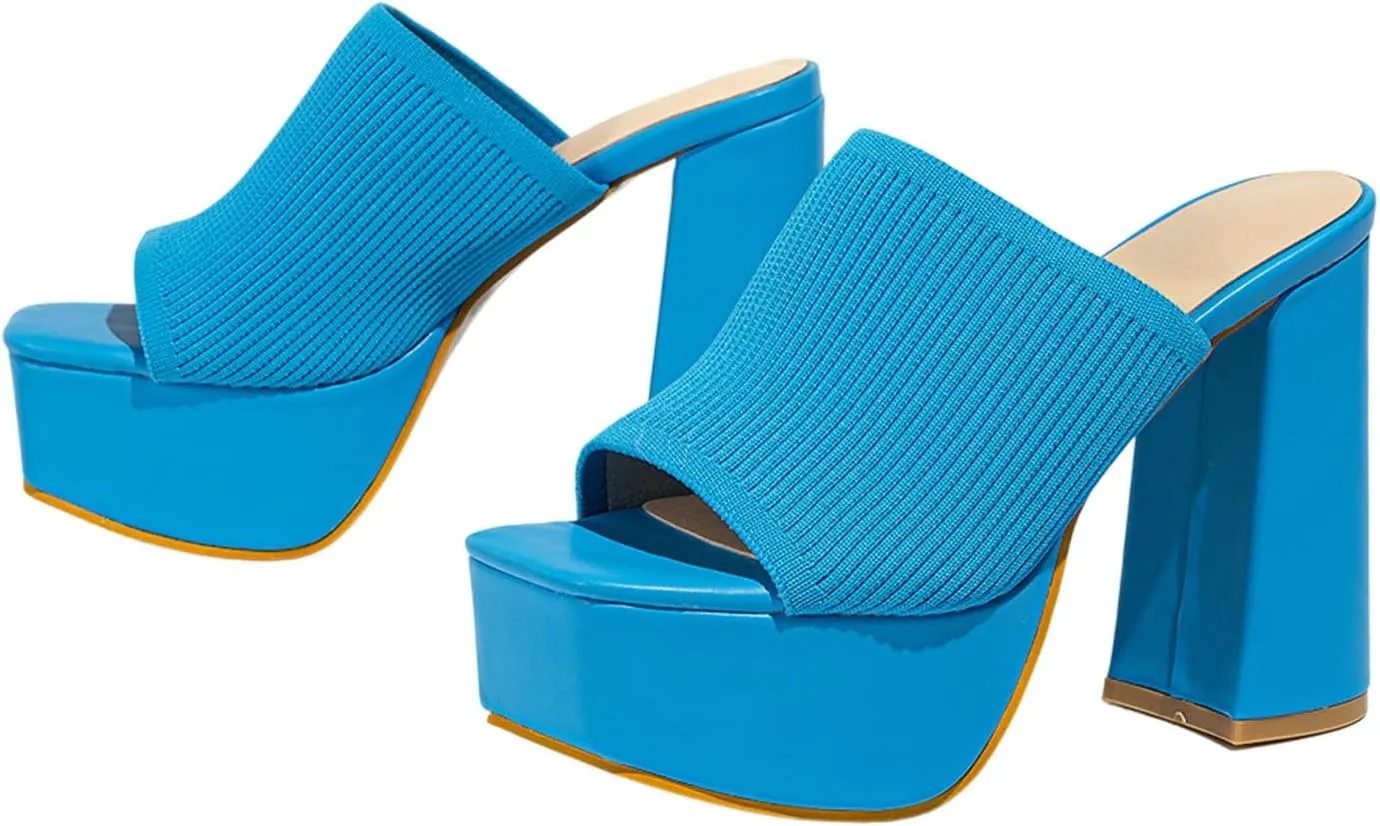 Women's Platform Chunky Heel Sandals Slip-On Square Open Toe High Heel Sandals Knitted Comfortable Dress Sandals