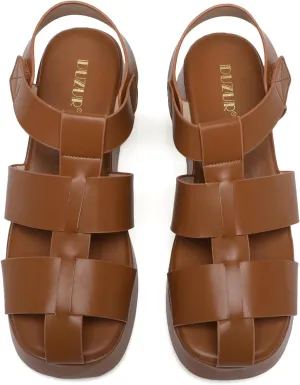 Womens Platform Fisherman Wedge Sandals,Lady Cute Square Toe Trendy Cute Dressy Casual Summer Comfortable Memory Foam Leather Strappy Holiday High Heel Beach Shoe