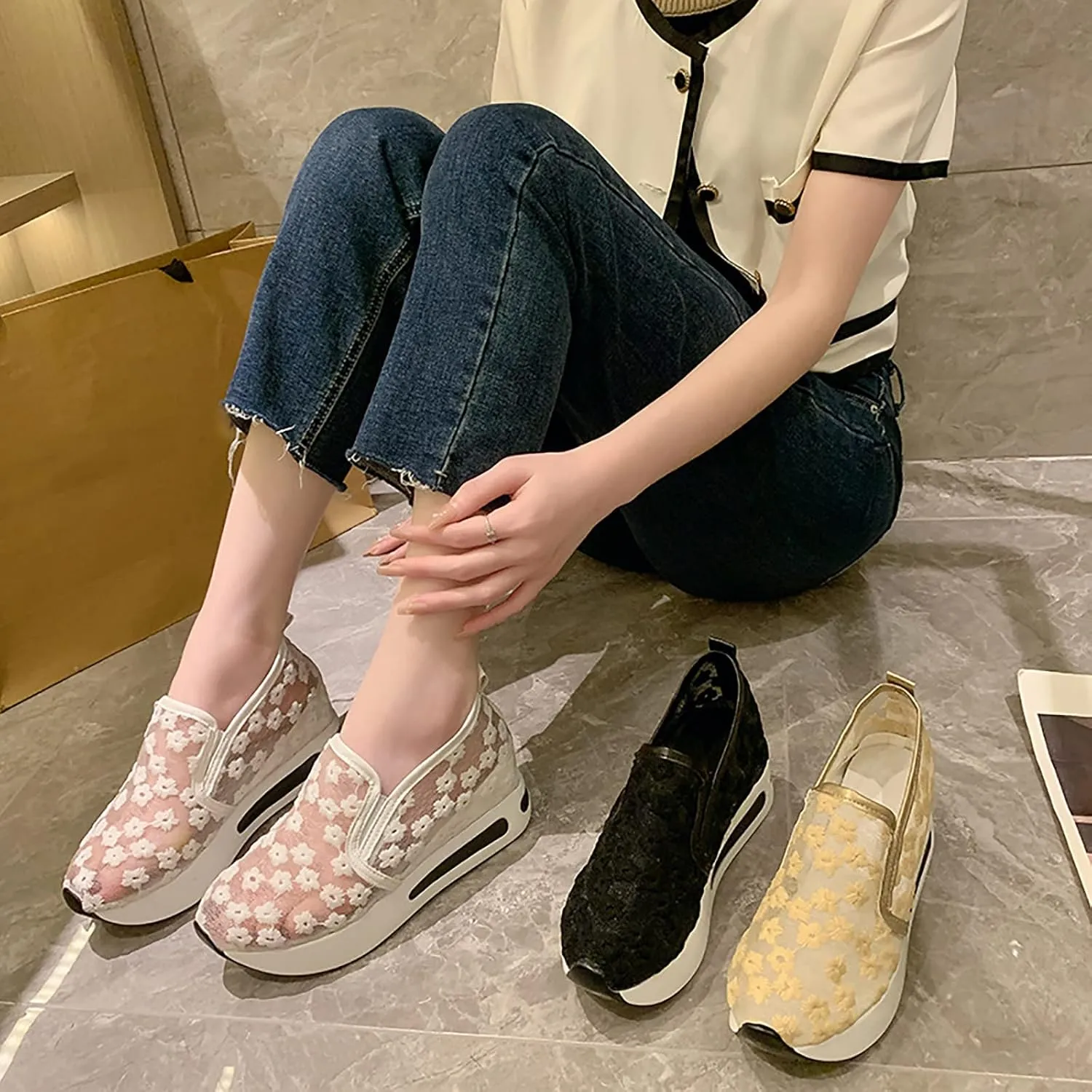 Women's Platform Hollow-Out Slip On Wedge Sneakers,Embroidery Floral Lace Mesh Breathable Walking Shoes Cushion Chunky Hidden High Heels Loafers Arch Support Sandals