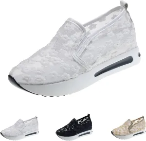 Women's Platform Hollow-Out Slip On Wedge Sneakers,Embroidery Floral Lace Mesh Breathable Walking Shoes Cushion Chunky Hidden High Heels Loafers Arch Support Sandals