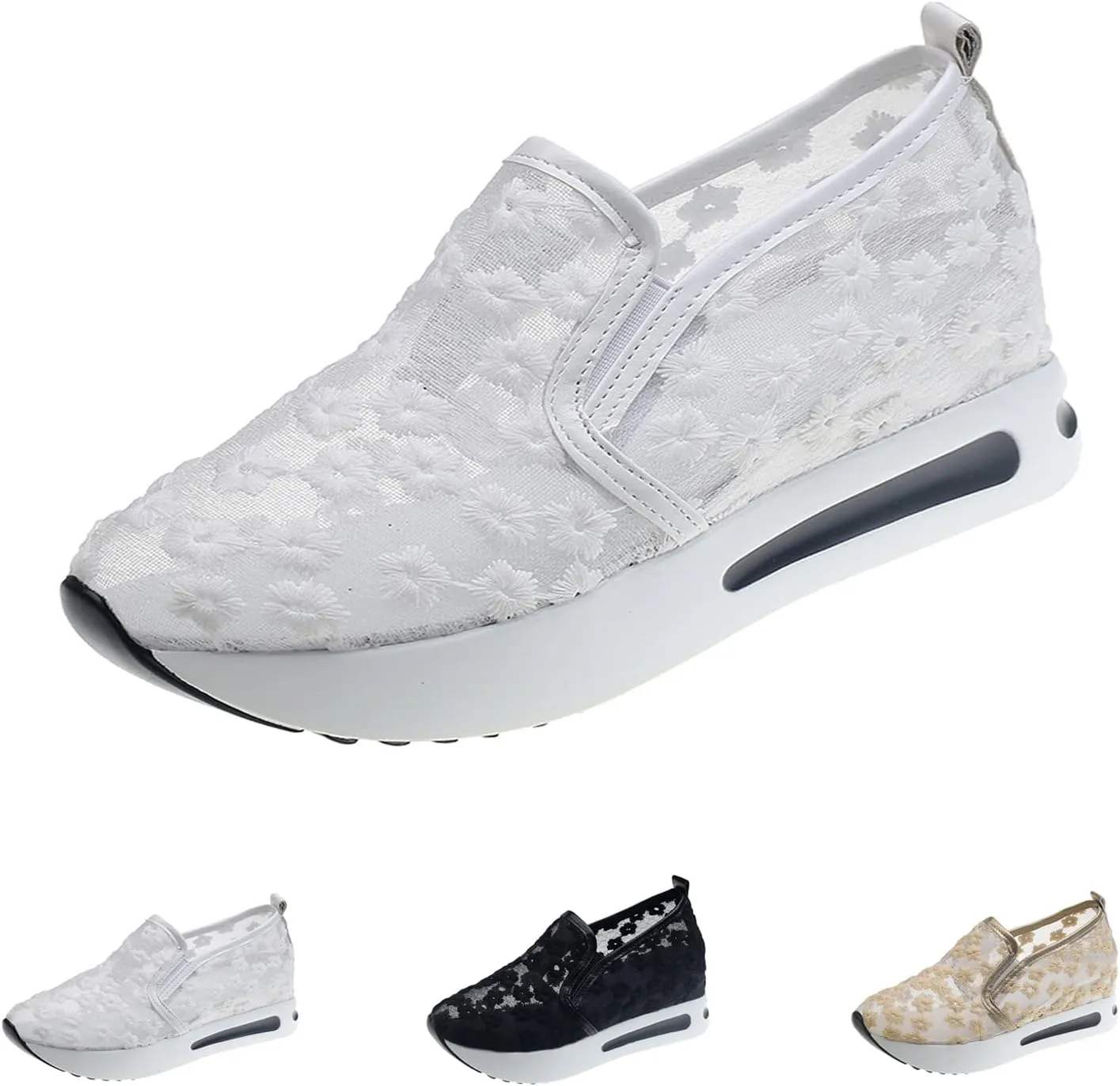 Women's Platform Hollow-Out Slip On Wedge Sneakers,Embroidery Floral Lace Mesh Breathable Walking Shoes Cushion Chunky Hidden High Heels Loafers Arch Support Sandals