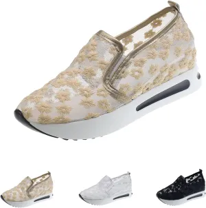 Women's Platform Hollow-Out Slip On Wedge Sneakers,Embroidery Floral Lace Mesh Breathable Walking Shoes Cushion Chunky Hidden High Heels Loafers Arch Support Sandals