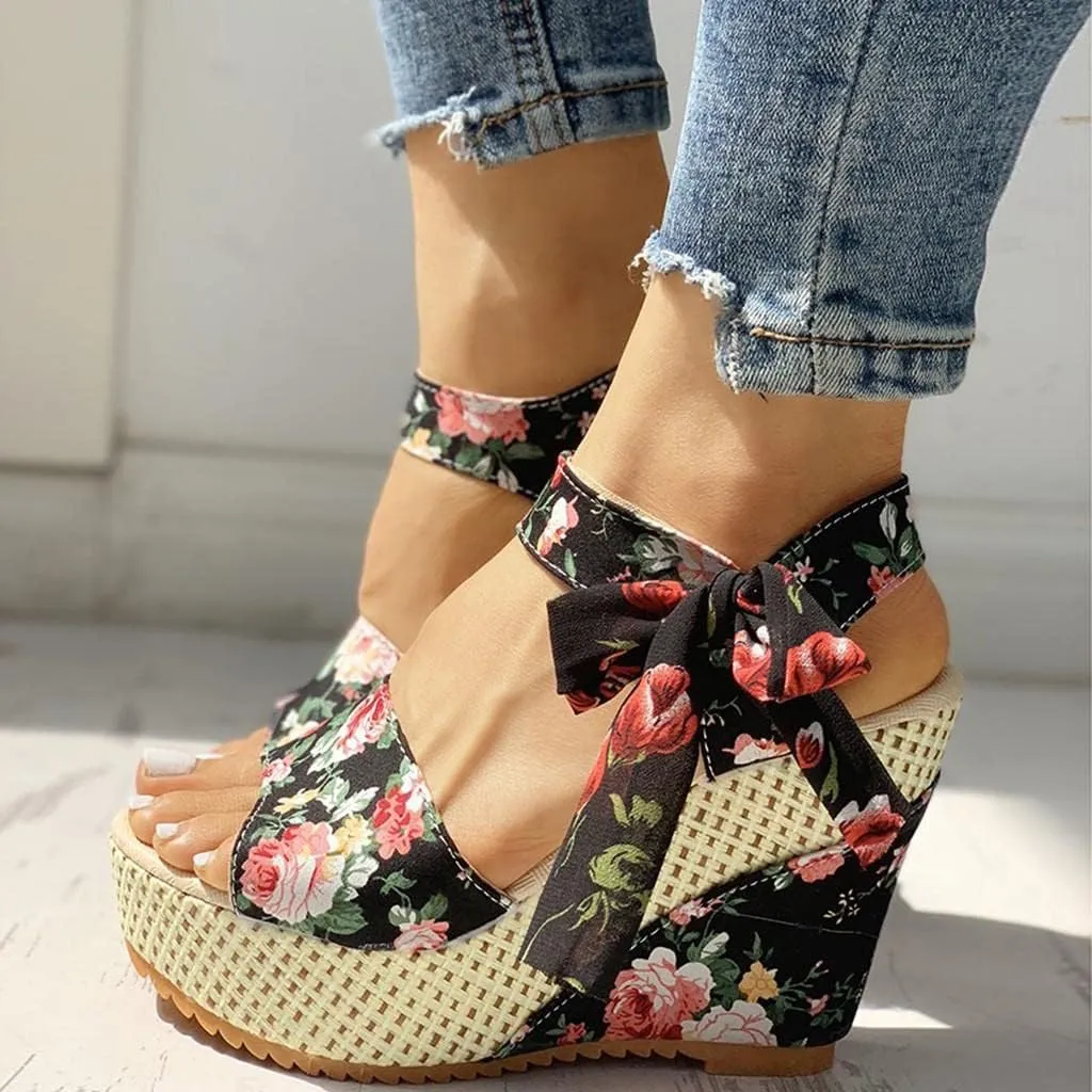 Women's Platform Sandals Wedge Open Toe Ankle Strap Lace Wedding Bridesmaid Shoes Summer Low Heel Lightweight Comfortable