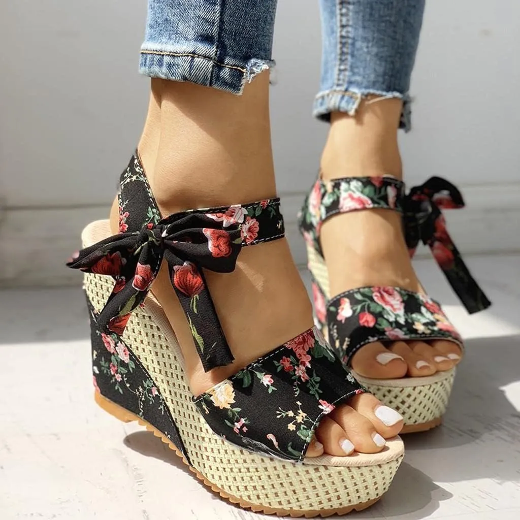 Women's Platform Sandals Wedge Open Toe Ankle Strap Lace Wedding Bridesmaid Shoes Summer Low Heel Lightweight Comfortable