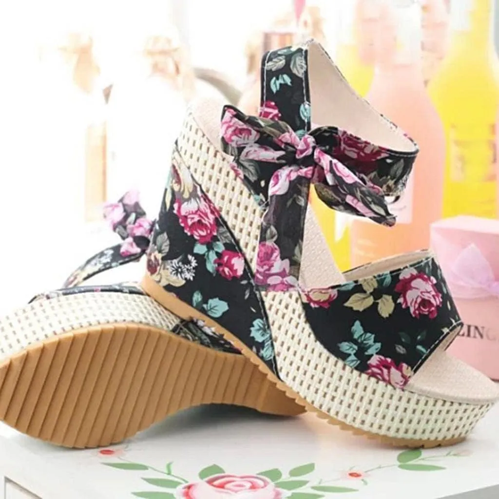 Women's Platform Sandals Wedge Open Toe Ankle Strap Lace Wedding Bridesmaid Shoes Summer Low Heel Lightweight Comfortable