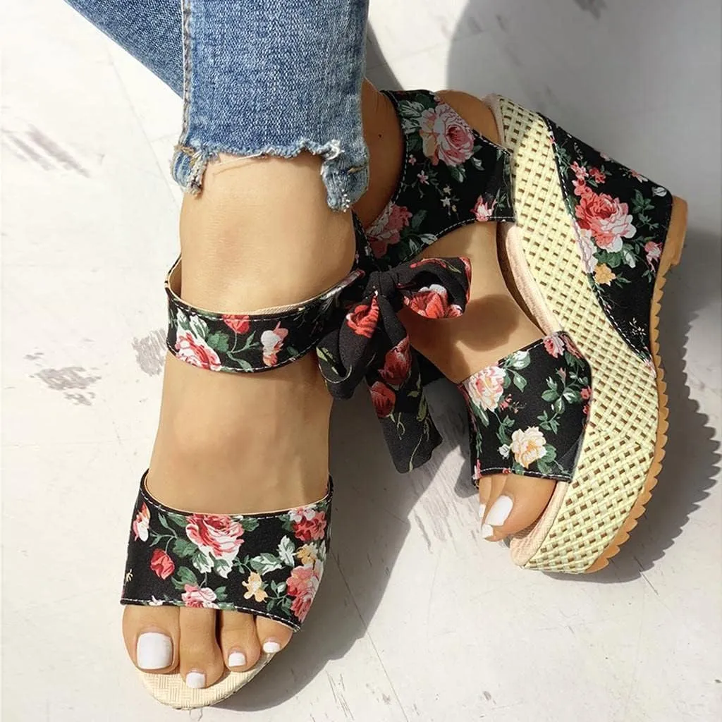 Women's Platform Sandals Wedge Open Toe Ankle Strap Lace Wedding Bridesmaid Shoes Summer Low Heel Lightweight Comfortable