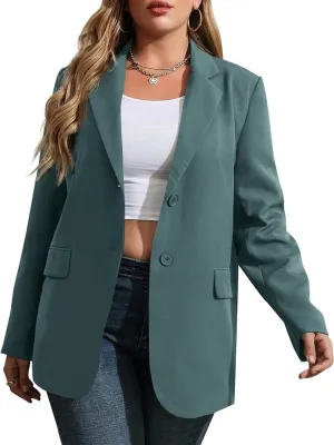Womens Plus Size Casual Blazer Jackets Long Sleeve Open Front Buttons Work Office Lapel Blazers with Pockets