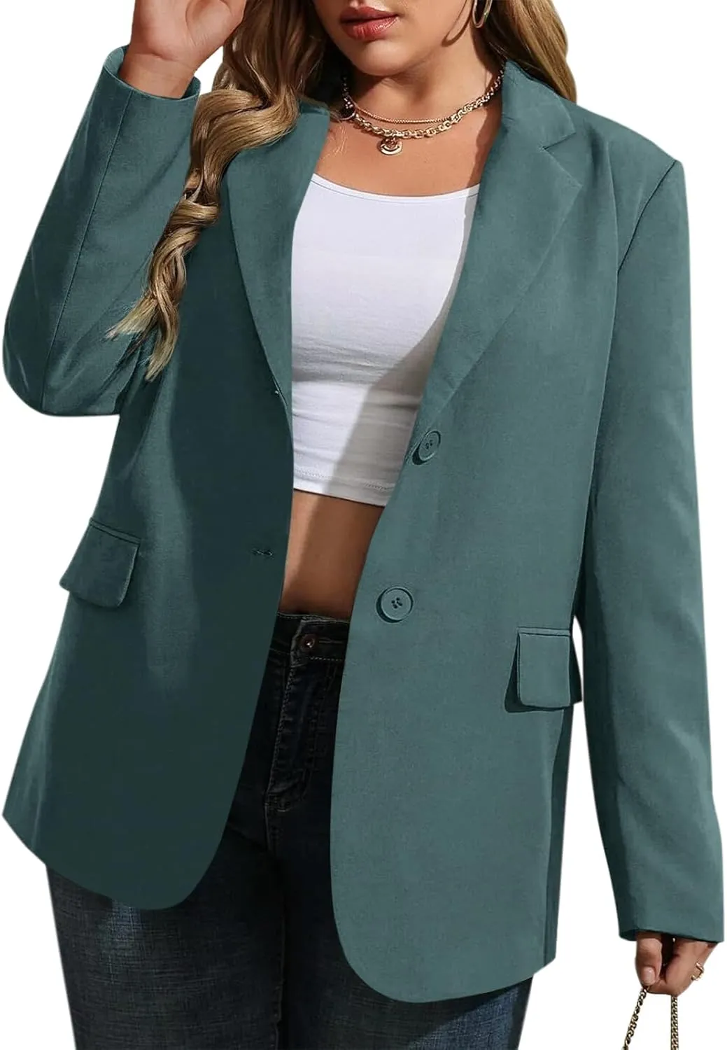 Womens Plus Size Casual Blazer Jackets Long Sleeve Open Front Buttons Work Office Lapel Blazers with Pockets