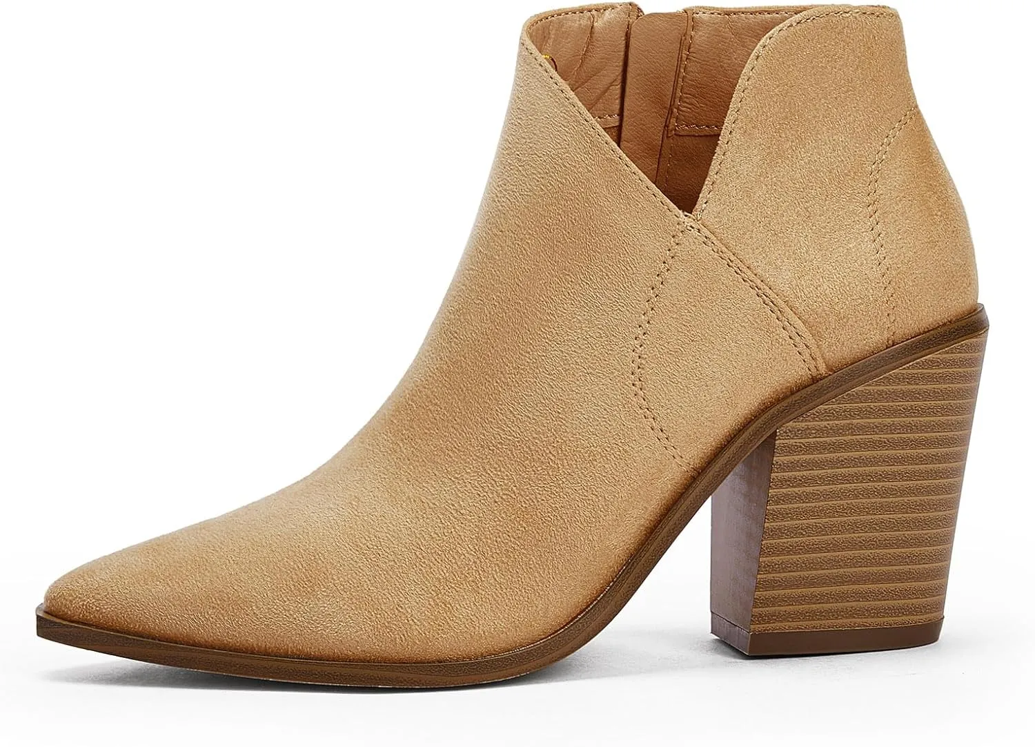 Womens Pointed Toe Ankle Boots Block Stacked Chunky Heel Cutout Side Zipper Fall Booties Shoe