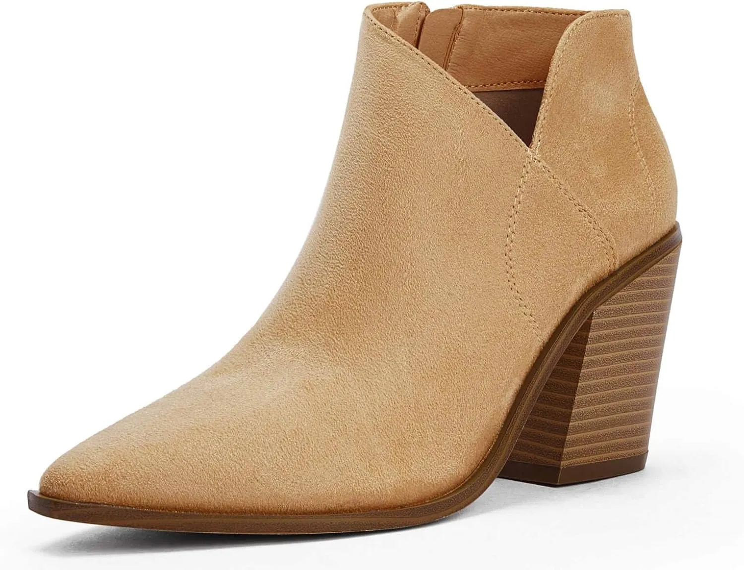Womens Pointed Toe Ankle Boots Block Stacked Chunky Heel Cutout Side Zipper Fall Booties Shoe