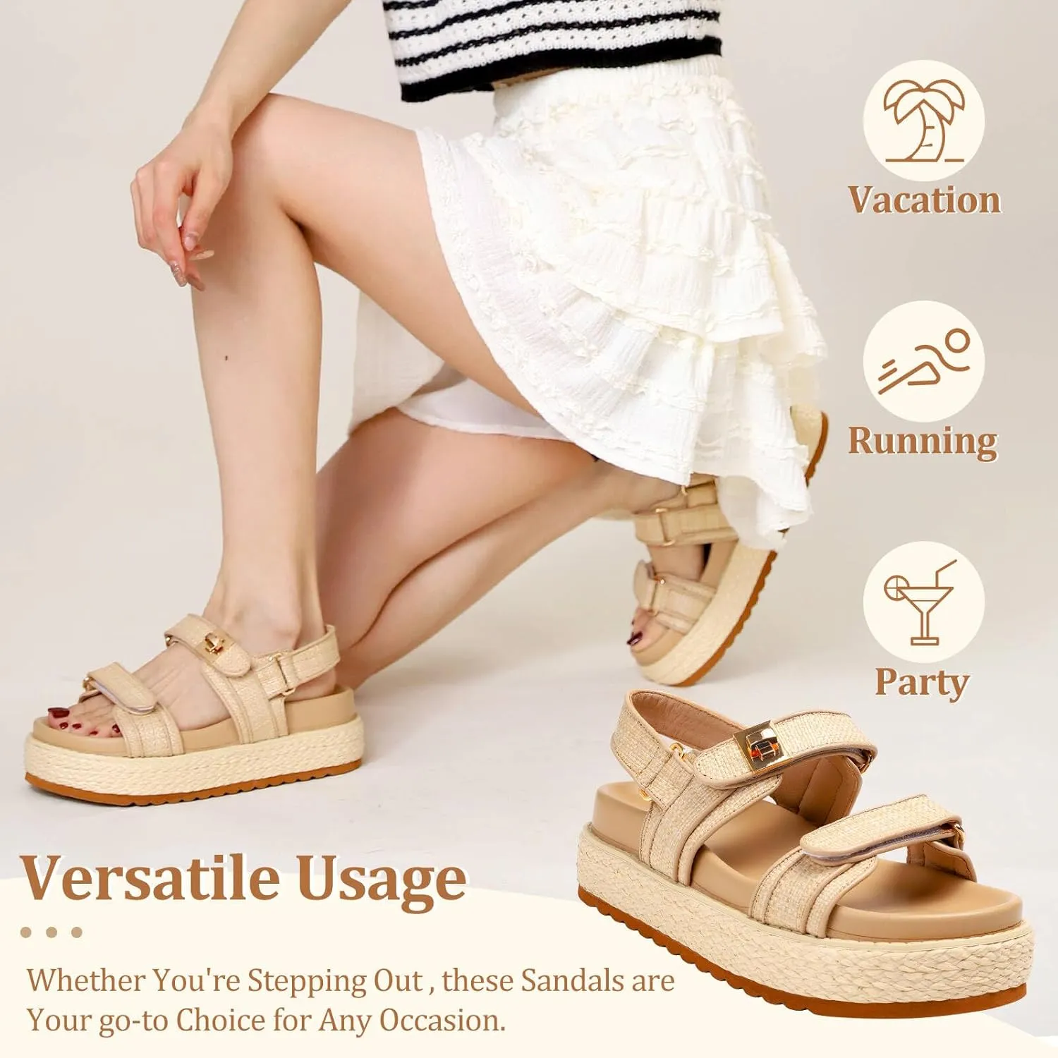 Womens Raffia Platform Sandals Summer Beach Rattan Chunky Woven Platform Sandals with Adjustable Double Buckle