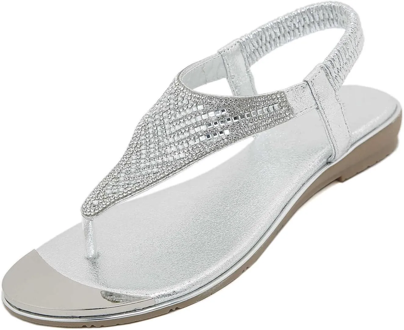Women's Rhinestone Thong Dressy Flat Sandals,Fashion Elastic Strappy Bohemian Sandals Outdoor Comfortable Soft Gladiator Beach Slides