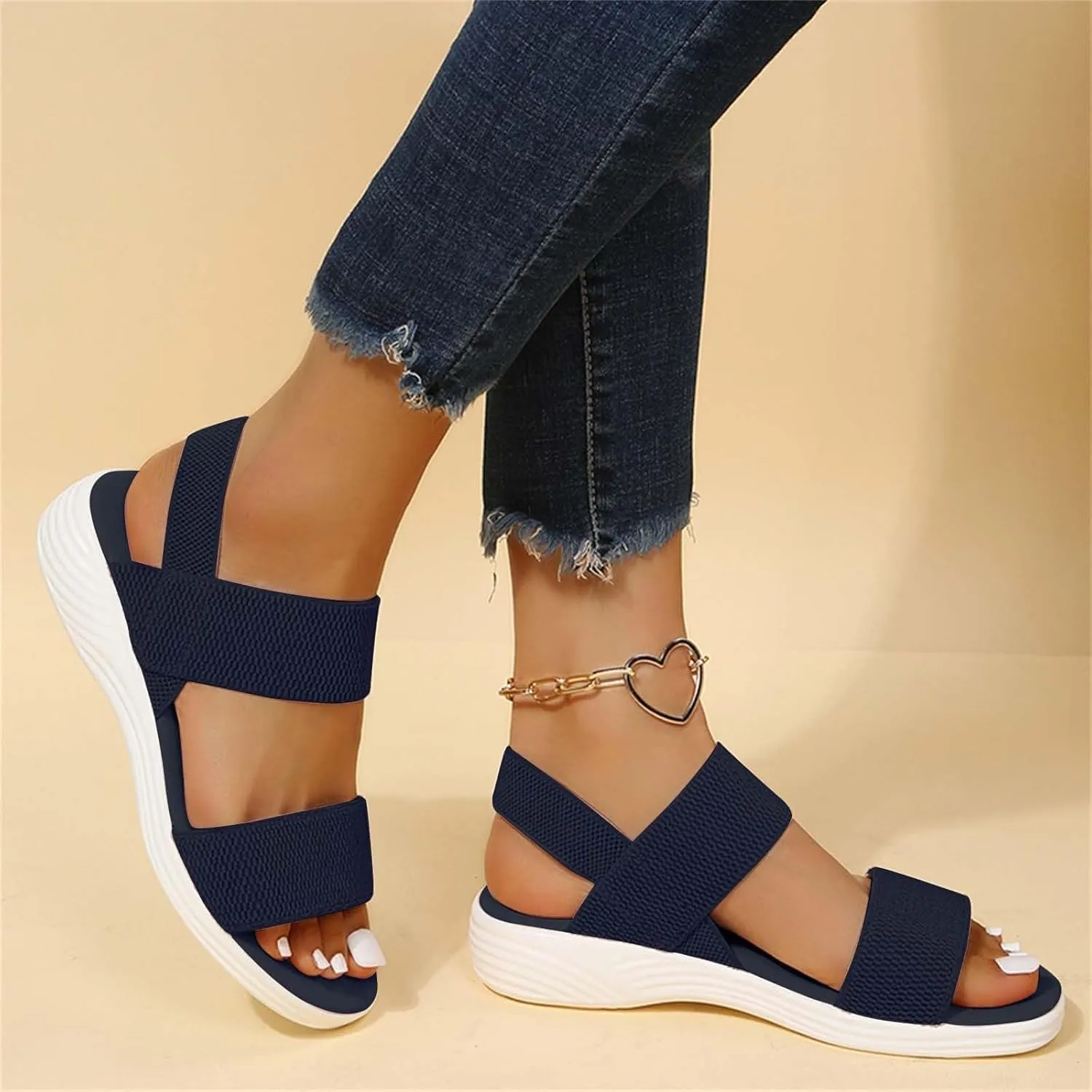 Women's Sandals Elastic Strap Summer Comfort Open Toe Slides Anti-Slip Lightweight Flat Wedge Sandal Platform Wedges Slingback Ankle Low Walking Comfortable Slip On Casual Shoes Platfor Slippers