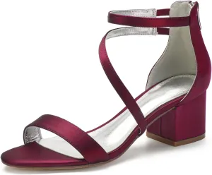 Women's Satin Block Heels Wedding Sandals Ankle Strap Comfortable Bridal Shoes Formal Evening Prom Party Shoes