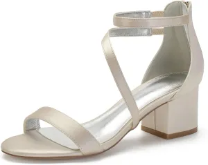 Women's Satin Block Heels Wedding Sandals Ankle Strap Comfortable Bridal Shoes Formal Evening Prom Party Shoes