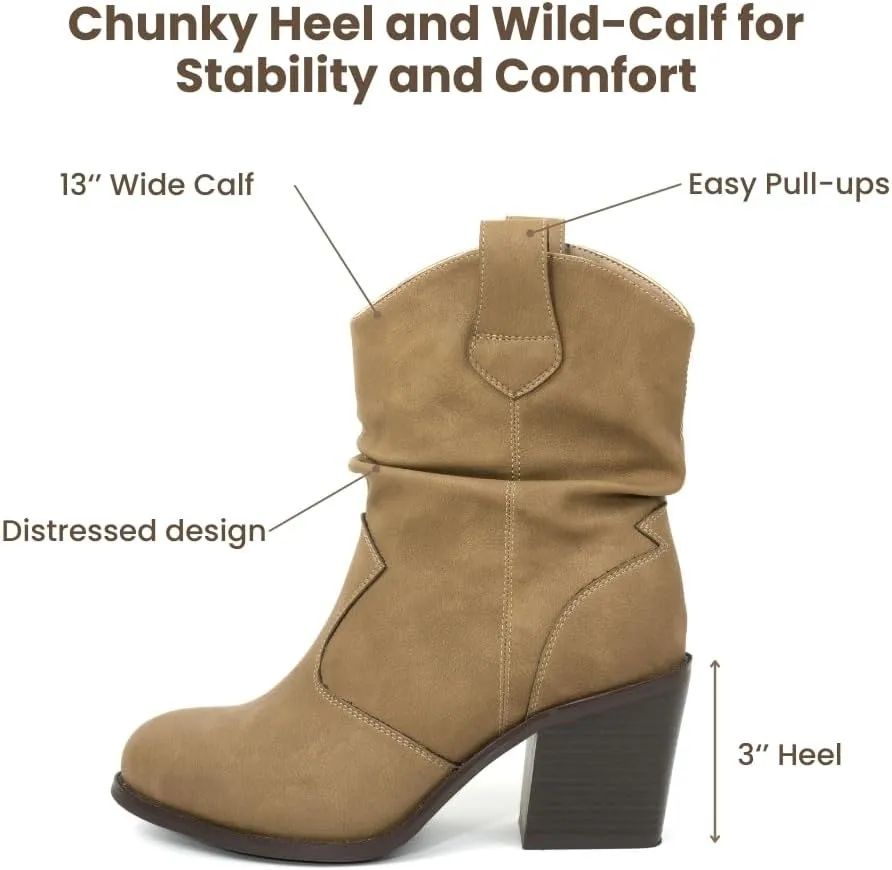 Women's Short Cowboy Boots, Wide-Calf Western Boots with Low Chunky Heel, Ankle Cowgirl Boots Dress Country Concert