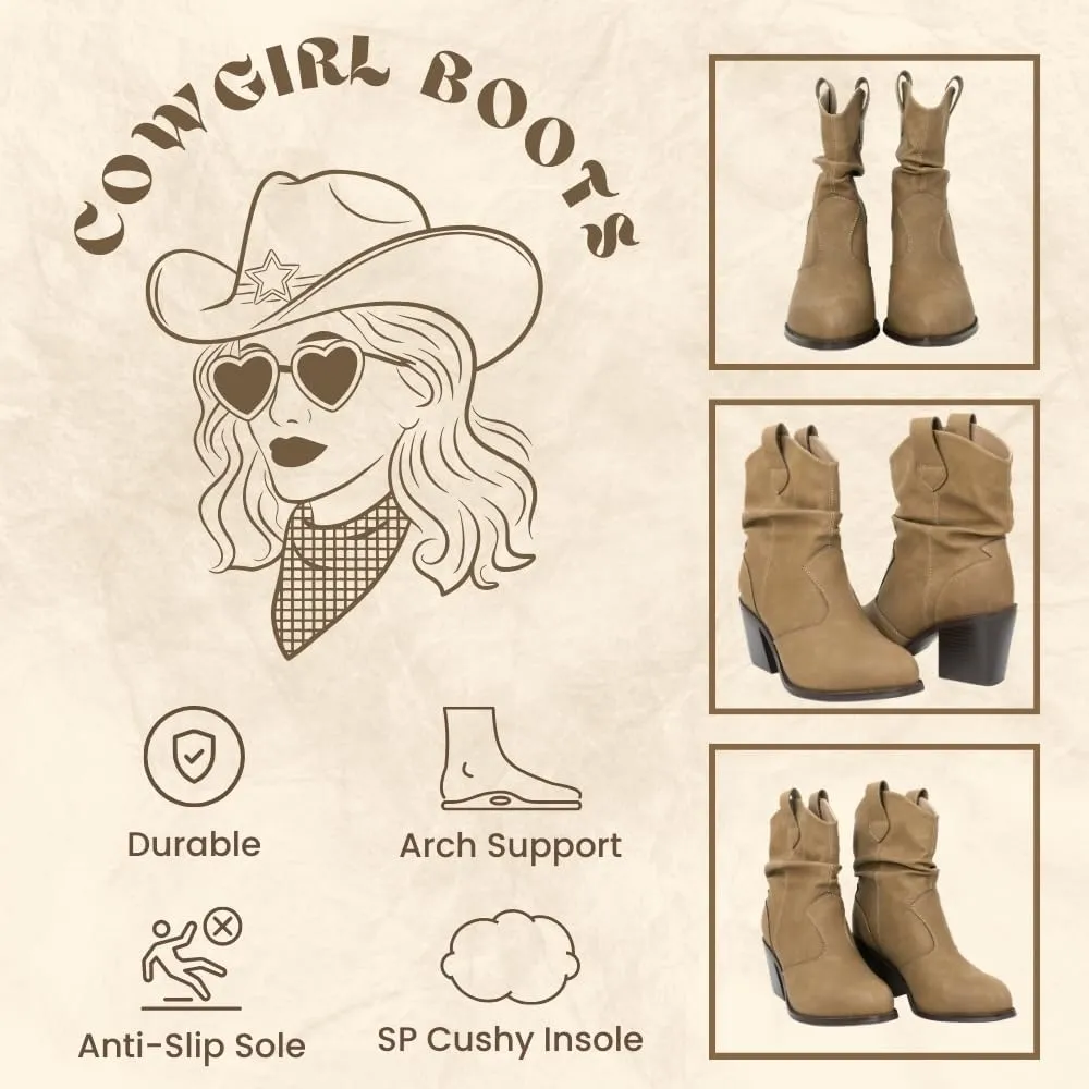 Women's Short Cowboy Boots, Wide-Calf Western Boots with Low Chunky Heel, Ankle Cowgirl Boots Dress Country Concert